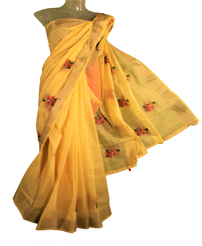Cotton Linen Embroidery Fancy Saree