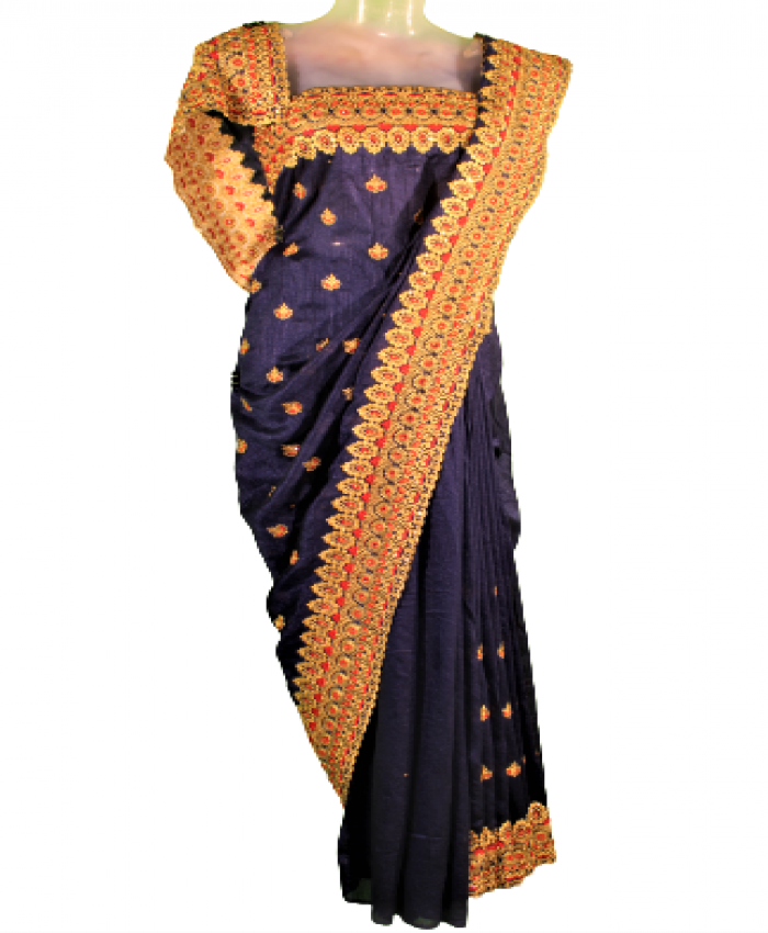 Full Heavy thread Embroidery Work With Golden color  Stone Saree (Sale)