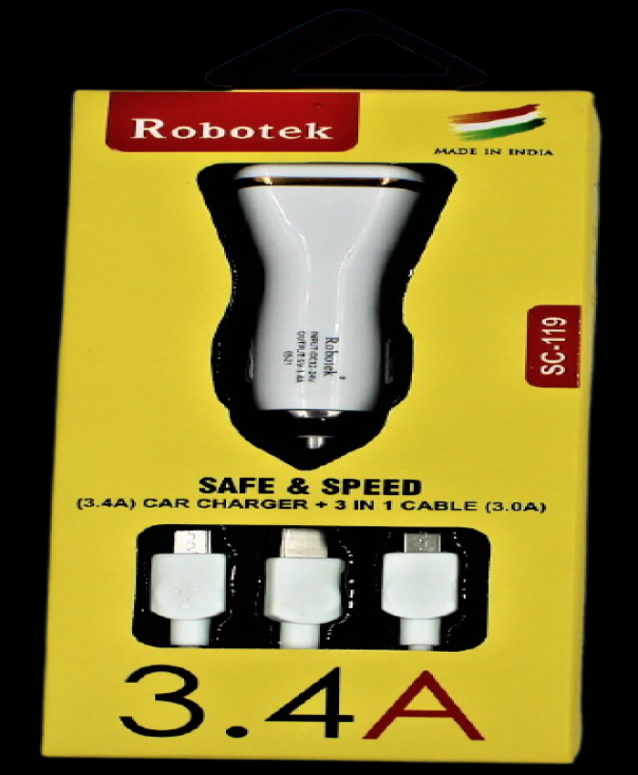 Robotek SC-119 ( 3.4A) Car Charger, 3 In 1 Cable (3.0A)